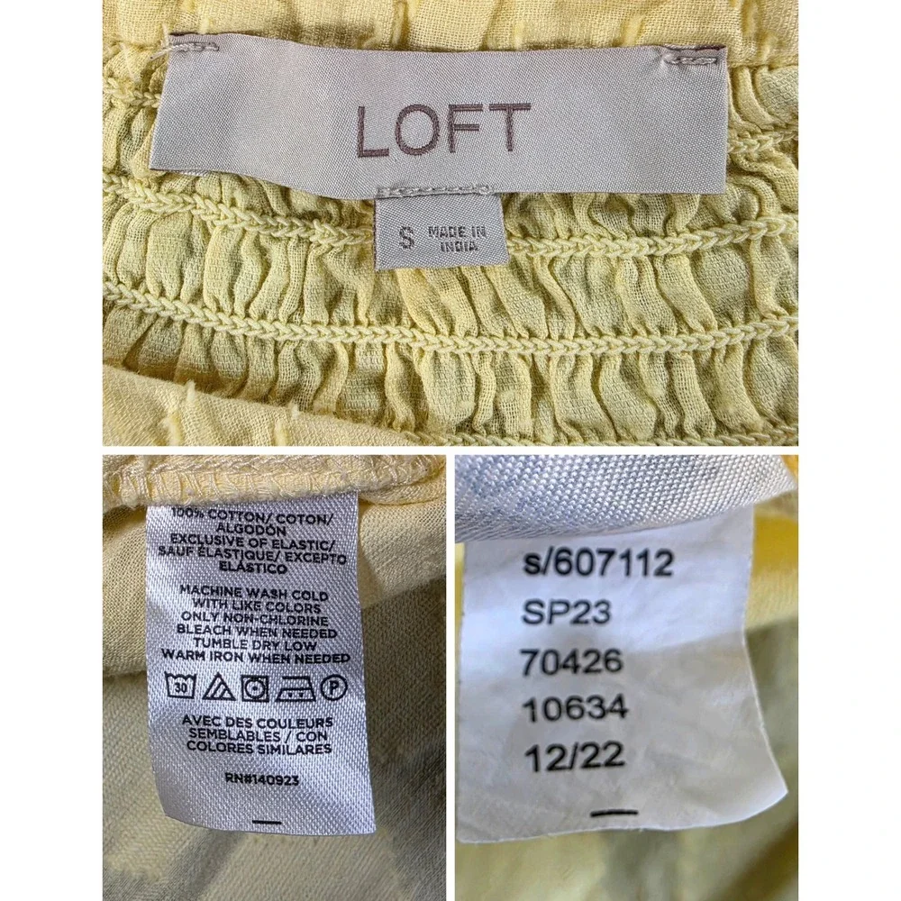 LOFT Textured Geometric 100% Cotton pastel yellow peasant blouse womens small